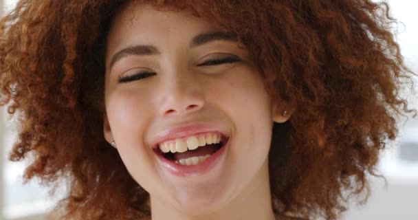 Woman, face and laughing in closeup with afro, funny joke or excited with hairstyle in summer. Girl, person and happy with comic smile in portrait for vacation, holiday or crazy expression in Bogota. - Footage, Video