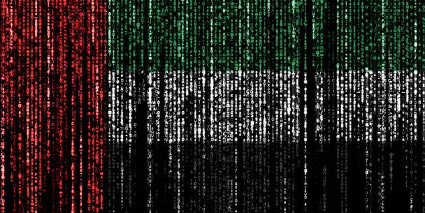 Bandeira dos Emirados Árabes Unidos em um computador códigos binários caindo do topo e desaparecendo. - Foto, Imagem