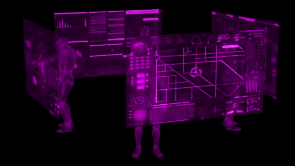 Grid structure men stay near transparent situational maps. Mystical 3D animation. - Footage, Video
