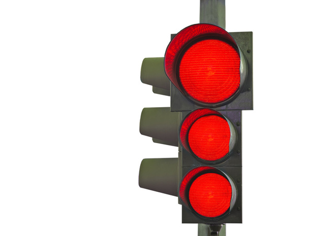 verkeerslicht met drie rode lichten op wit - Foto, afbeelding