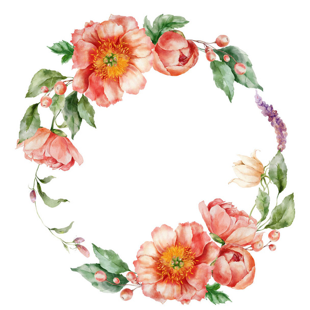 Watercolor wreath of flower bouquet with peonies, berries, leaves and buds. Hand painted floral card of wildflowers isolated on white background. Holiday Illustration for design, print or background - Photo, Image