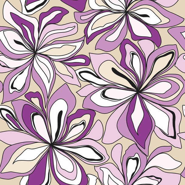 Bezešvé květinové pozadí s abstinentní růžové a fialové květy. Ručně kreslený abstraktní vzor. - Vektor, obrázek