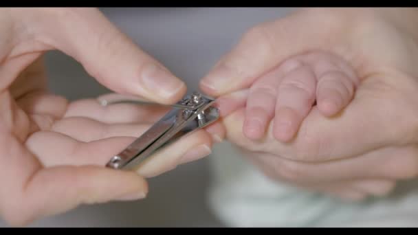 Mother cutting baby boys nails at home, close up. Slow motion. - Filmati, video