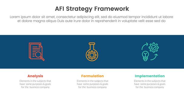 Quadro di strategia AFI infografica Modello di fase a 3 punti con icona in sfondo orizzontale nero per vettore di presentazione diapositive - Vettoriali, immagini