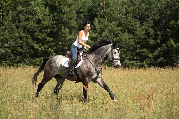 Красива жінка верхи на сірому коні в лісі
 - Фото, зображення