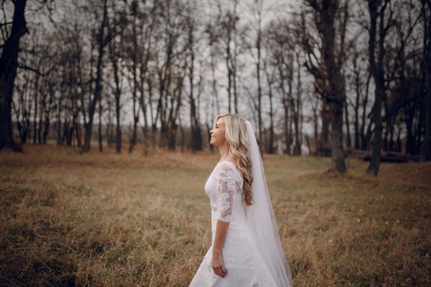 bride walking in golden autumn nature - Foto, afbeelding
