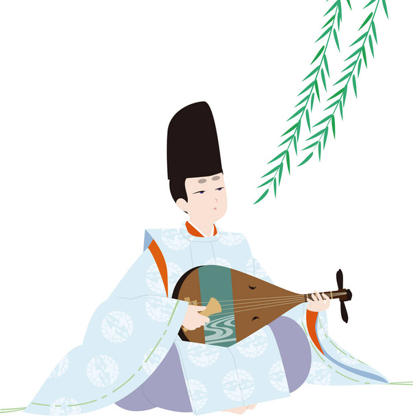 Traje clássico japonês. .. Salgueiro chorão e roupas "Karigi". Um homem toca o instrumento musical "Biwa". Ilustração da imagem de paz - Vetor, Imagem