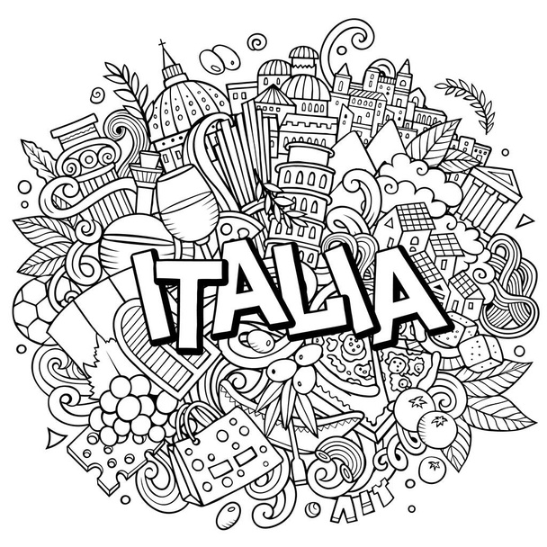 İtalyan eliyle çizilmiş karikatür çizimi. Komik seyahat tasarımı. Yaratıcı sanat vektörü arka planı. İtalyan sembolleri, elementleri ve objeleri içeren el yazısıyla yazılmış bir metin. Sketchy bileşimi - Vektör, Görsel