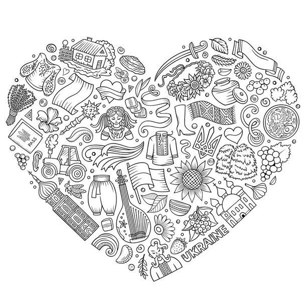 Sketchy vector set van Oekraïne cartoon doodle objecten, symbolen en items. Samenstelling hartvorm - Vector, afbeelding