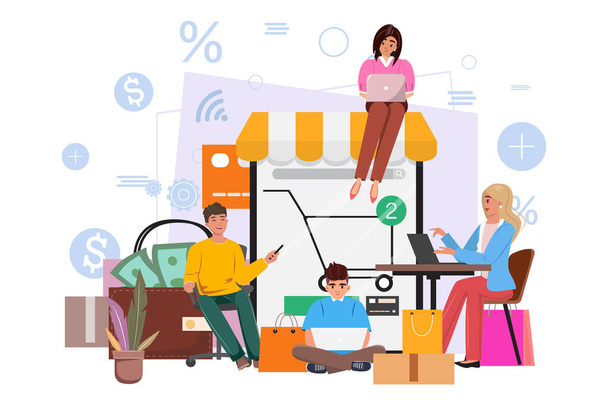 People sit amidst a digital storefront, exchanging goods through online shops. Mobile phone, money, shopping bags, wallet and boxes on the background. - Vector, Image
