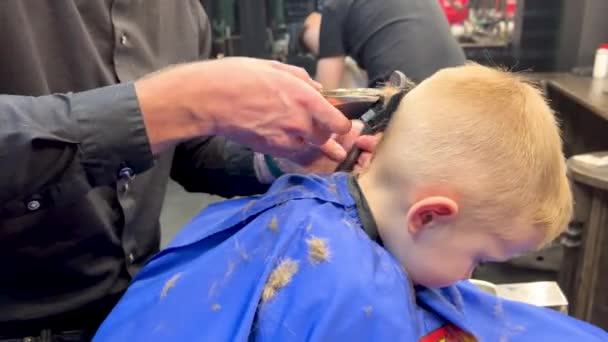 Kadeřník pomocí elektrického holení stříhat kluky vlasy. Dítě se nechává ostříhat v holičství. Zavřít - Záběry, video