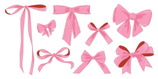 Векторна ілюстрація 8 рожевих джинсових вінтажних наборів лука. Лук для декору волосся плоский. Стрічки ізольовані. Модні аксесуари для дівчаток. Мила колекція елементів зачіски. Векторні ілюстрації - Вектор, зображення