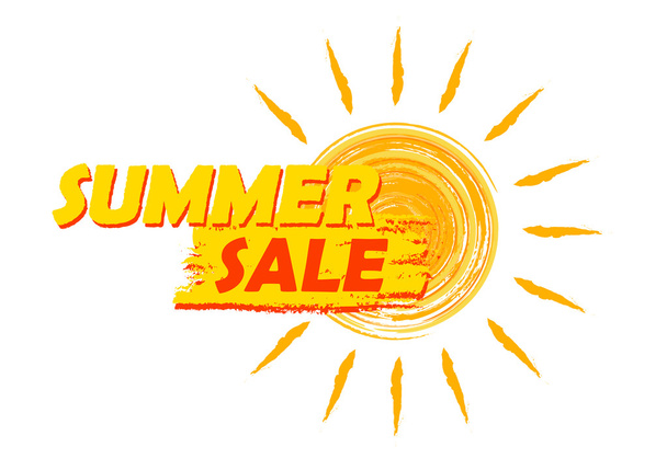 summer sale with sun sign, yellow and orange drawn label - Foto, imagen
