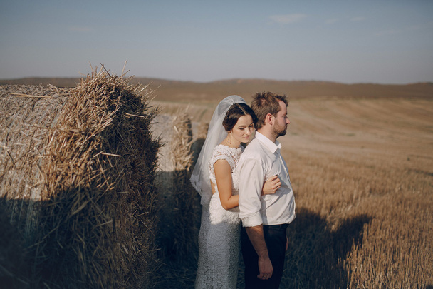 happy wedding couple in a field - Foto, afbeelding
