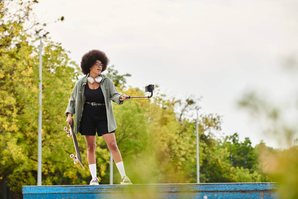 Junge Afroamerikanerin mit lockigem Haar hält selbstbewusst Skateboard und Selfie-Stick in der Hand - Foto, Bild