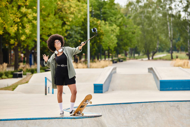 A young African American woman with curly hair confidently skateboarding at an outdoor skate park on a sunny day. - Photo, Image