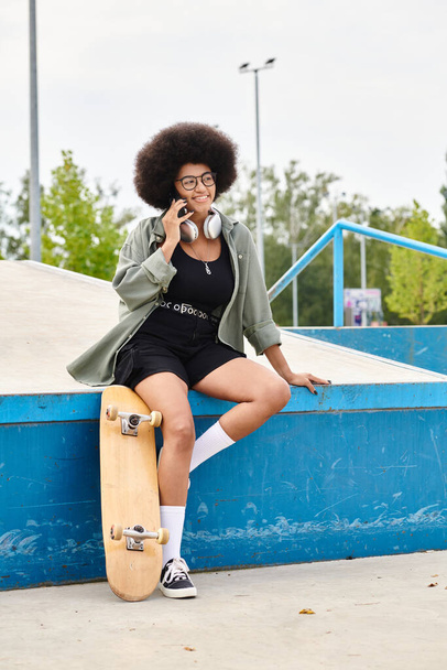 Una joven afroamericana con el pelo rizado se sienta en un monopatín, hablando por celular en un parque de skate. - Foto, imagen