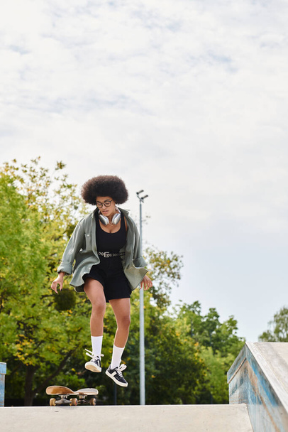 A young African American woman with curly hair jumps her skateboard high in the air at an outdoor skate park. - Photo, Image