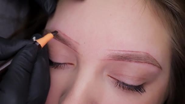 Stały makijaż artysta szkicuje na konturze brwi, aby naprawić stały makijaż. Stała procedura makijażu, wykonywanie PMU brwi - Materiał filmowy, wideo