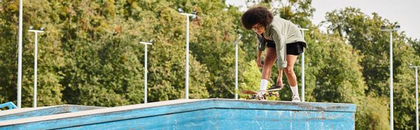 Une jeune femme avec un skateboard glisse gracieusement le long du bord d'une piscine, montrant ses compétences à ceux qui l'entourent. - Photo, image