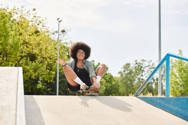 Młoda Afroamerykanka jeździ na deskorolce w skate parku z pewnością siebie i umiejętności. - Zdjęcie, obraz