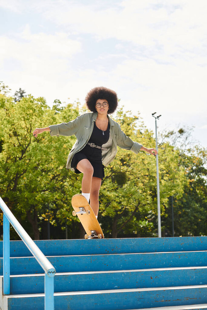 Μια νεαρή Αφρο-Αμερικανίδα με σγουρά μαλλιά skateboards κάτω από μια αστική πτήση των σκαλοπατιών σε ένα πάρκο skate. - Φωτογραφία, εικόνα