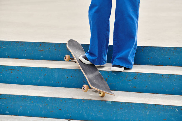 Eine junge Afroamerikanerin balanciert gekonnt auf einem Skateboard, während sie auf einer Stufe in einem städtischen Skatepark steht. - Foto, Bild