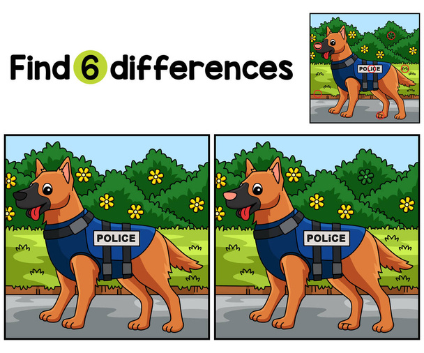 Trouvez ou repérez les différences sur cette page d'activités pour enfants Police Dog. Un jeu de puzzle amusant et éducatif pour les enfants.  - Vecteur, image