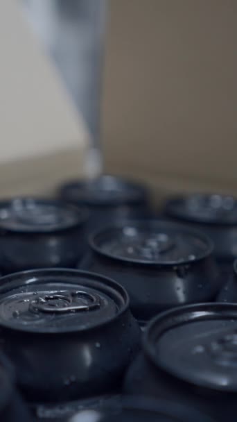 Φρέσκος σωρός από μπύρες συσκευασμένο και συσκευασμένο σε ένα εργοστάσιο μπύρας - κοντινό πλάνο - FullHD κάθετη βίντεο - Πλάνα, βίντεο