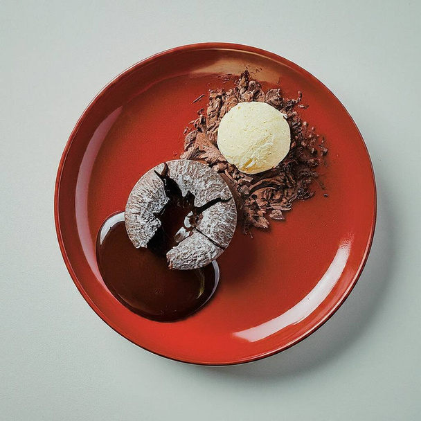 Un postre un pastel de lava de chocolate cubierto con una cucharada de helado de vainilla, adornado con una hoja de menta, una flor comestible y una fruta de physalis, todo servido en un lustroso plato de cerámica roja. - Foto, imagen