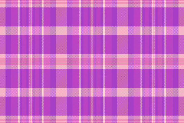 Female textile fabric plaid, handmade vector texture background. Smooth seamless check tartan pattern in purple and magenta color. - Vector, Image