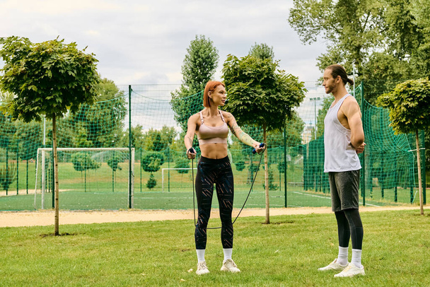 Una mujer decidida en ropa deportiva guiada por entrenador personal mientras hace ejercicio en la hierba. - Foto, Imagen