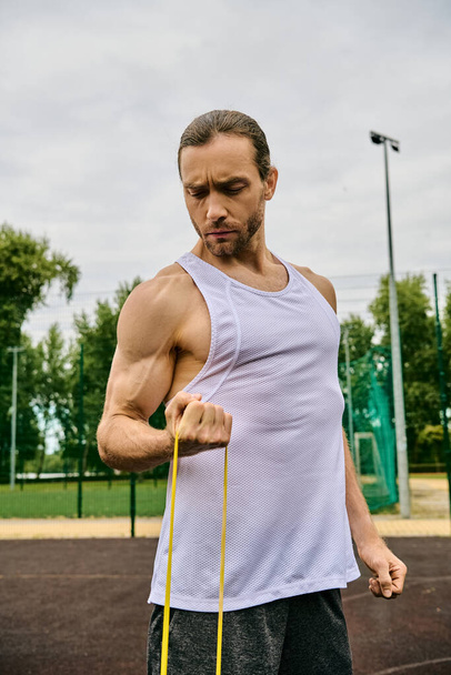 Zdeterminowany mężczyzna w odzieży sportowej trzyma żółte elastyczne podczas treningu - Zdjęcie, obraz