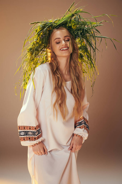 Een jonge mavka in een witte jurk versierd met een plantenkroon in een sprookjesachtige en fantasiestudio setting. - Foto, afbeelding