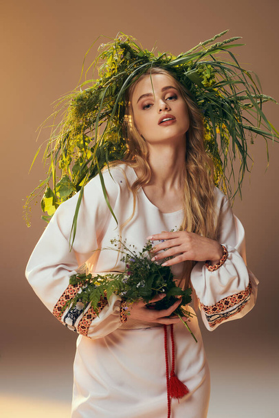 Ein junges Mädchen in einem weißen Kleid hält zart eine lebendige Pflanze in einem ruhigen Atelierambiente. - Foto, Bild