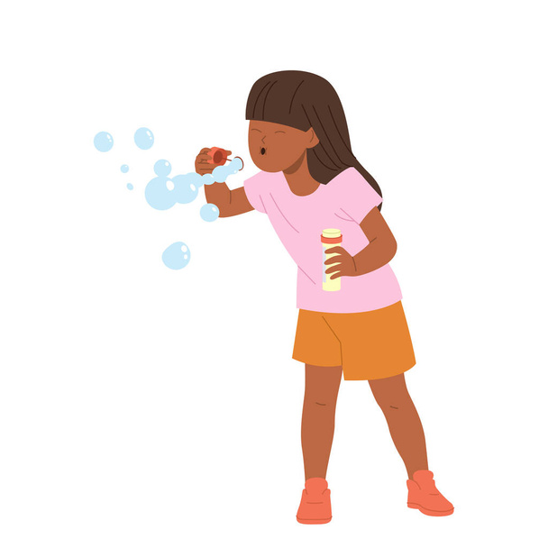 Маленькая девочка мультяшный персонаж дует мыльный пузырь весело на открытом воздухе дурачиться на пенной вечеринке наслаждаясь игривой летней деятельности векторной иллюстрации изолированы на белом. Концепция дня рождения - Вектор,изображение