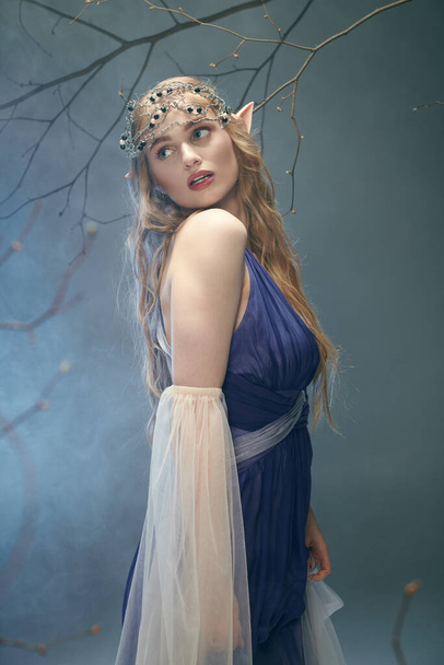 Μια νεαρή γυναίκα ντυμένη με ένα εκπληκτικό μπλε φόρεμα και μια βασιλική τιάρα, που ενσωματώνει την ουσία μιας παραμυθένιας πριγκίπισσας ξωτικών.. - Φωτογραφία, εικόνα