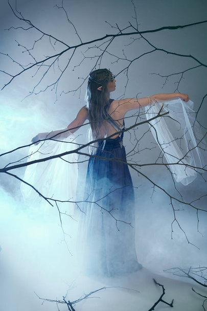 Uma jovem mulher em um vestido azul fica em uma floresta nebulosa, incorporando um personagem de conto de fadas ou princesa elfo. - Foto, Imagem