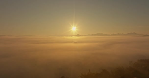 Vista aerea La luce dorata del sole del mattino sopra il mare di nebbia. Nella valle crea un'atmosfera serale tranquilla. Colori colorati della catena montuosa - Filmati, video