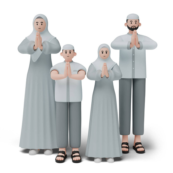 Personaje 3D de personas musulmanas. Familia feliz mostrando disculpas y gesto de bienvenida de la mano. Disculpas durante eid mubarak. Imagen aislada sobre fondo blanco - Foto, imagen