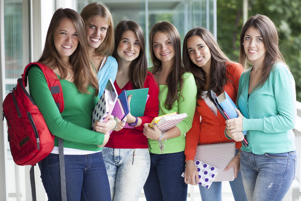 Adolescentes sorridentes com cadernos de exercícios
 - Foto, Imagem