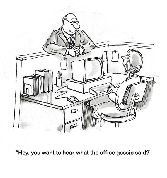 BW γελοιογραφία των δύο εργαζομένων γραφείου διάδοση κουτσομπολιά - Φωτογραφία, εικόνα