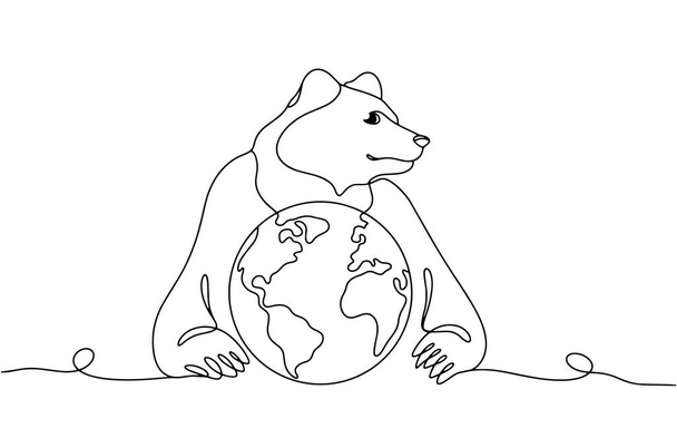 Een grote beer knuffelt de planeet met zijn poten. Wereldberendag. Vector lijn tekening. Afbeeldingen geproduceerd zonder het gebruik van enige vorm van AI-software in elk stadium.  - Vector, afbeelding