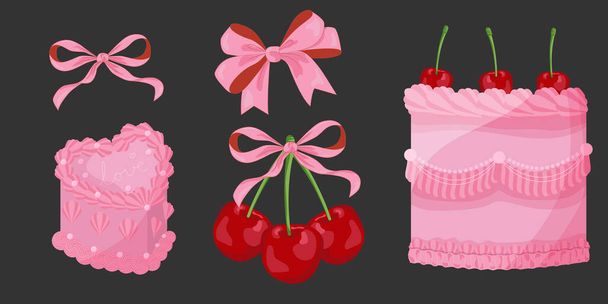 Vector Ilustração de rosa girly vintage arcos, bolo de bento, vintage lambeth bolo e cereja. Bolo bonito bento lambeth. Coquete feminino estética. Ilustração vetorial - Vetor, Imagem