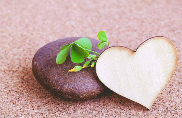 Closeup φύλλο τριφυλλιού και πέτρα, ξύλινη καρδιά σε φόντο φελλού. - Φωτογραφία, εικόνα