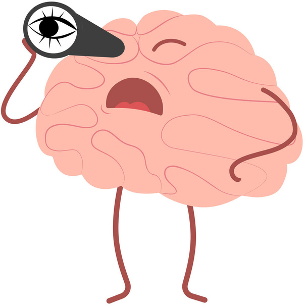 Personagem vetorial em estilo plano. O cérebro olha através do telescópio. Ilustração vetorial dos órgãos do sistema nervoso central. - Vetor, Imagem