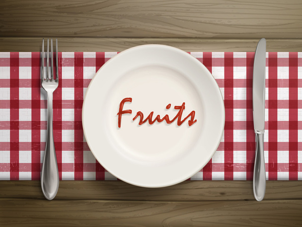 fruits word written by ketchup on a plate - Vector, Image