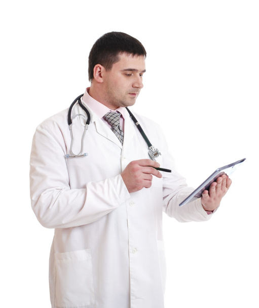 Doctor showing tablet pc in hospital - Stock Image - Fotoğraf, Görsel