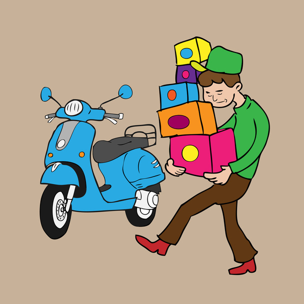 Хлопчик носить коробки і скутер
 - Вектор, зображення