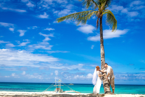 young loving couple on beach background, wedding day, outdoor be - Photo, Image